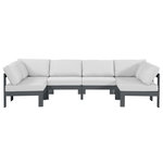Meridian Furniture - Nizuc Water Resistant Patio U-Shaped Modular Sectional, White, 6-Piece: 4 Armless Chair, 2 Corner Chair, Dark Gray Aluminum Frame - Pick and choose your favorites from the Nizuc collection to create a modular seating group the whole gang will enjoy. The sturdy aluminum frame provides dependable support for friends and family as they relax and unwind, and the resilient white water resistant fabric stands up to the elements without losing its beautiful demeanor, so you can count on it lasting for the long haul. Latches beneath these seating pieces help you easily attach them to one another for convenient setup.