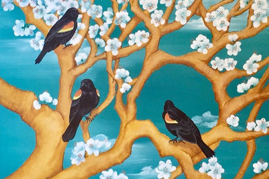 Red Winged Black Bird Among Blue Blossoms
