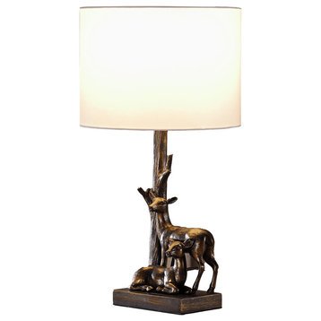20" Bronze Mom and Baby Deer Table Lamp With White Drum Shade