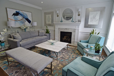 Living room - mid-sized transitional enclosed carpeted and gray floor living room idea in Toronto with gray walls, a standard fireplace and a stone fireplace