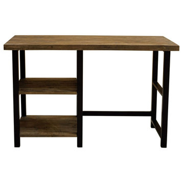 Rustic Desk, Metal Frame With Pine Wooden Top & 2 Side Open Shelves, Black/Brown