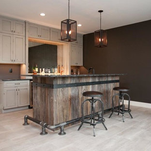 Photo of a small urban look-out basement in Cedar Rapids with black walls, ceramic flooring, no fireplace and grey floors.