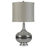 StyleCraft Home Collection - Elyse Smoke Glass and Steel Table Lamp, Elyse Smoke Finish, Taupe Hardback Shade - The Elyse smoke table lamp is crafted using glass and steel to give it a uniquely mid-century modern inspiration. With its round base and tall profile, it enhances any decor from the living room to the bedroom. Add in a round hardback shade and you get a standout look for the modern home.