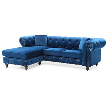 Midcentury Sectional Sofa, Velvet Seat With Tufted Back & Rolled Arms, Navy Blue