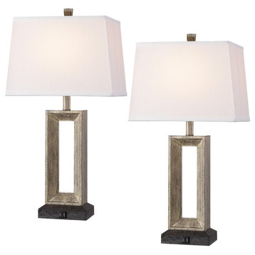 27.4" H USB Table Lamps for Bedroom Set of 2, Bronze and Wood Tone