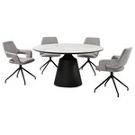 Armen Living - Knox Penny 5 Piece Dining Set With Stone Top and Gray Fabric Chairs - Enjoy an intimate meal or host a dinner party with the Knox Penny 5 Piece Dining Set with Stone Top and Upholstered Chairs. This set includes 1 Knox dining table and 4 Penny swivel dining chairs. Featuring a sleek and modern silhouette, this kitchen chair attains a chic and stylish presence in any room. The streamlined back elegantly flows into the sloping arms to offer a dose of comfort and style. A stylish cut-out in the back lightens the sculptural appeal of our dining room chair. Finished off with pyramid-shaped black metallic legs, the chair serves as a striking and sturdy accent for any corner. The dining table chair includes a tall back, padded arms, and a cushioned seat to deliver a cozy and comfortable stay. From offering a comfy seat in your kitchen to serving as a stylish and comfortable accent chair for your workspace, the Penny brings comfort and convenience to any room. It includes a 180-degree swivel function allowing you to follow conversations with ultimate ease. The refined and distinctive silhouette of the dining table attains a statement-making appeal in any room. It features a perfectly rounded tabletop perched upon an eye-catching pedestal base. Its sintered stone tabletop depicts the graceful and natural textures of white marble to add a polished touch to your casual or formal meals. This tabletop is resistant to etching, scratches, burns, and stains as a durable yet elegant alternative to quartz. It is perched upon a black metal base to attain contrast and a versatile appeal. The round dining table can comfortably seat up to six individuals for enjoying meals in your kitchen, dining room, or living space. A 55" round shape allows the table to function as a natural hub for conversations. The Knox Penny dining set is available in 5 and 7 piece set configurations and features a white stone tabletop with black metal base and your choice of gray or brown upholstered swivel dining chairs with black metal legs.