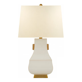 Kang Jug Large Table Lamp 1-Light Ivory Burnt Gold Percale Square Shade ...