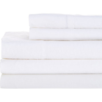 100% Linen Plain Hem Sheet Set, White, Queen Set