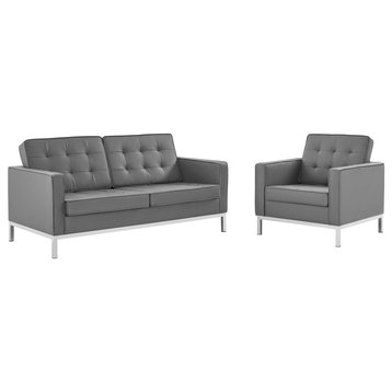 Loft Tufted Upholstered Faux Leather Loveseat and Armchair Set, Silver Gray