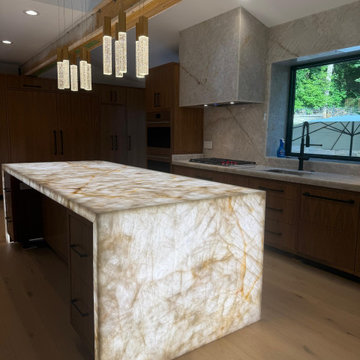 Luxury Backlit Cristallo Quartzite Kitchen & Waterfall Island