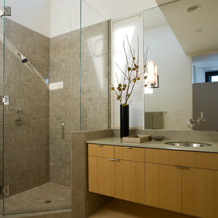 75 Beautiful Bamboo Floor Bathroom With Glass Countertops Pictures