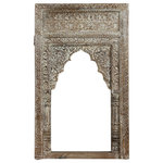 Mogul Interior - Consigned Vintage Arched Whitewash Wood Wall Mirror Carved Jharokha 51 - Style your living space with this stunning Antique Arched White Wash Mirror, a captivating piece that merges rutic woods with modern elegance. Hand-carved with intricate detailing, this Jharokha-style mirror showcases repurposed architectural elements. Jharokhas are old terrace windows and make great wall decor with their unique carved woods.