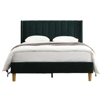 Modern Platform Bed, Flannel Upholstered Wingback Headboard, Ink Green/Full