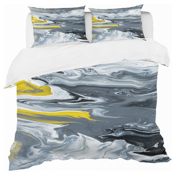 Yellow Gray and White Marble Mid-Century Bedding, Queen