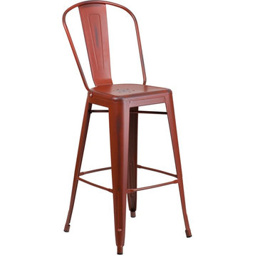 Flash Furniture 30" Metal Curved Slat Back Bar Stool in Distressed Kelly Red