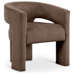Meridian Furniture - Riz Upholstered Chair, Brown, Microsuede Corduroy - The Riz brown corduroy upholstered accent chair offers a modern twist on classic comfort. Crafted from soft, textured corduroy, this chair invites you to relax in style while its curved barrel design brings a touch of elegance to any room. The wide ribbed fabric enhances both the aesthetic and tactile appeal, making it the perfect blend of sophistication and cozy charm.