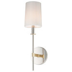 Maxim - Uptown One Light Wall Sconce - Elongated tails and candle sticks create effortless sophistication in the Uptown series. The slender candles of Polished Nickel contrast the stout supporting arms finished in a soft Satin Brass. Tall Off-White fabric shades complement the updated classic design. The simplicity of this design allows it to pair with various traditional to contemporary stylings and many color themes.