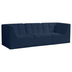 Meridian Furniture - Relax Velvet Upholstered 3-Piece Modular Sofa, Navy - Bolster a contemporary vibe in your living room with this Relax navy modular sofa. Soft navy velvet upholstery offers delicate comfort, making this sofa cozy for anyone who sits in it. Biscuit tufting gives this sofa texture and a modern style, adding extra comfort and elegance to your living space. It's modular design allows you to create infinite configurations, making it a versatile piece to add to your home. A latch underneath the sofa makes it easy to attach to other pieces.