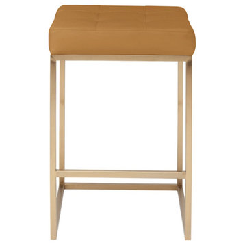 Chi Counter Stool, Tan PU Leather Brushed Gold Stainless Steel Base