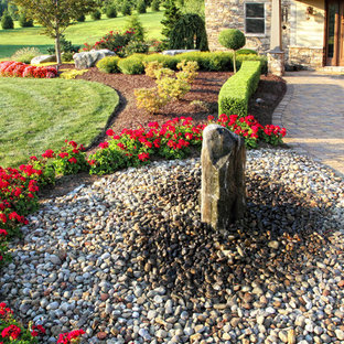 Design ideas for a traditional front yard full sun garden in Other with a water feature and river rock.