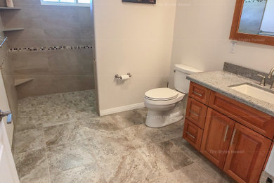 Doorless shower - large contemporary master beige tile and porcelain tile porcelain tile doorless shower idea in Hawaii
