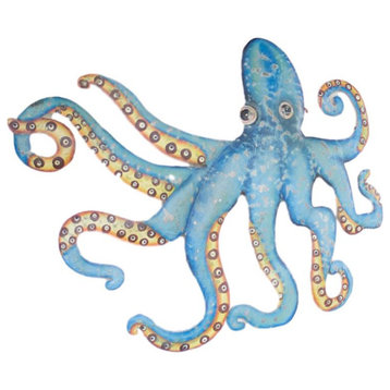Coastal Recycled Metal Octopus Wall Art Hand Hammered Ocean Blue Sea Life