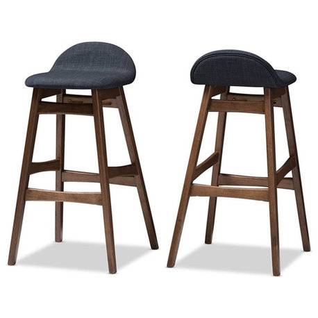 Baxton Studio Bloom 30" Bar Stool in Dark Blue and Brown (Set of 2)