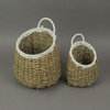 Set of 2 Natural and White Hand-Woven Seagrass Round Baskets Bohemian Decor