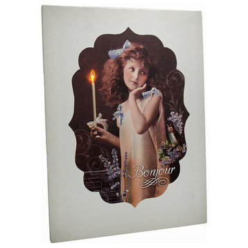 Vintage Look Bonjour Flickering Candle Girl LED Canvas Art Print