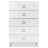 Transitional Vertical Dresser, Chrome Legs and 5 Drawers With Ring Pulls, White