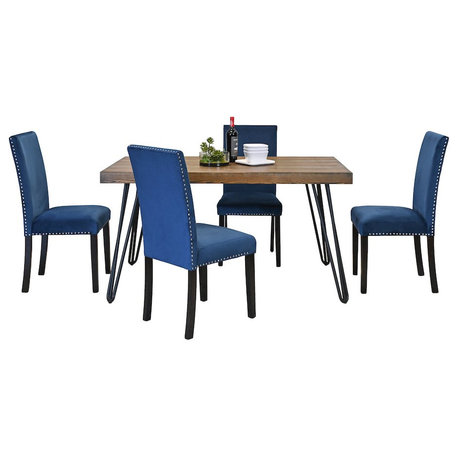 Ashzo 5-Pc Dining Set, Hairpin Dining Table with 4 Chairs, Blue