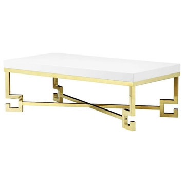 Elegant Coffee Table, Greek Key Gold Stainless Steel Base & High Gloss White Top