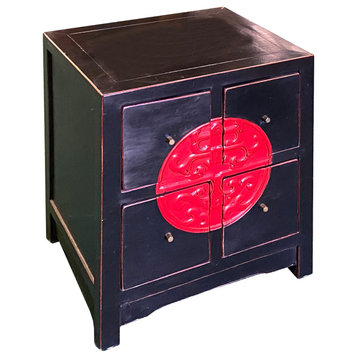 Oriental Distressed Black Red 4 Drawers End Table Nightstand Hcs7235