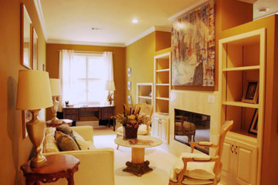 Living room - mid-sized transitional dark wood floor living room idea in Nashville with a standard fireplace, a stone fireplace, blue walls and a wall-mounted tv