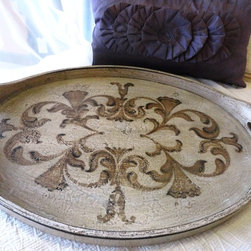 Hand-painted Oval Wood Tray in Greige - Home Decor