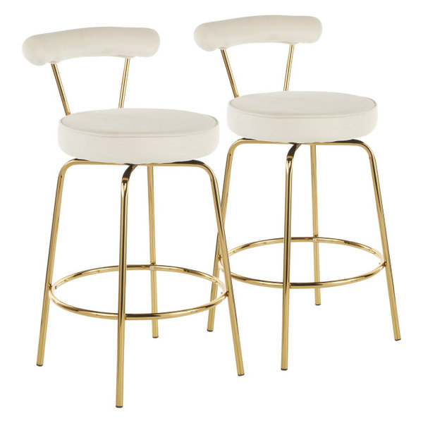 Rhonda Counter Stool, Set of 2, Gold Metal, Cream Velvet