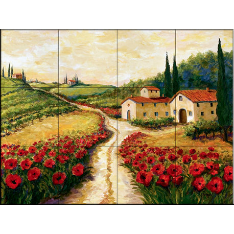 Tile Mural Kitchen Backsplash - Red Poppy Road - by Joanne Margosian