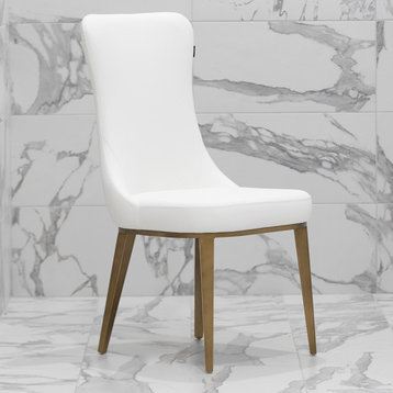 Modern Norma Dining Chair - White with Brushed Gold Finish Stainless Steel Base