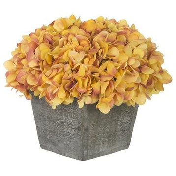 Artificial Gold/Burgundy Hydrangea in Grey-Washed Wood Cube