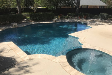 Mid-sized contemporary backyard custom-shaped natural pool in Dallas with a water feature and decking.