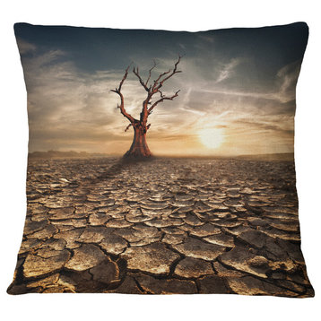 Lonely Dead Tree in Cracked Land Landscape Printed Throw Pillow, 18"x18"