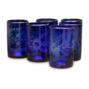 Blue Blossoms, Set of 6 Etched Drinking Glasses, Mexico