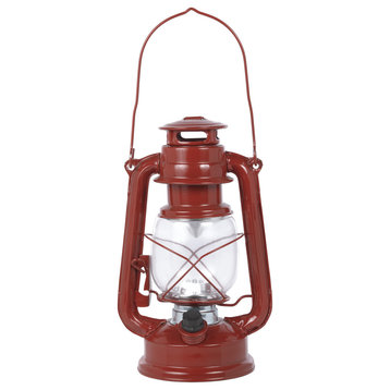 10"H Indoor/Outdoor Metal, Glass Hurricane Lantern, Dimmable LED Lights, Red