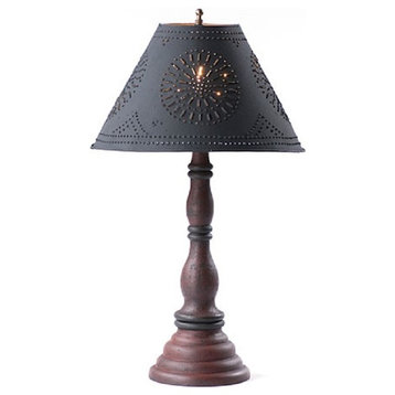 Wood Table Lamp With Punched Tin Shade USA Handmade Davenport