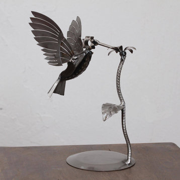 NOVICA Flitting Hummingbird And Upcycled Metal Auto Part Sculpture