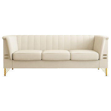 83.4'' Tuxedo Velvet Arm Sofa with Gold Leg, Beige