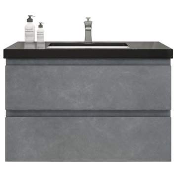 Belli 36" Wall Mounted Single Bathroom Vanity Set, Cement Gray, Matt Black Top