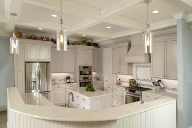 Inspiration for a large transitional u-shaped porcelain tile and gray floor kitchen pantry remodel in Orlando with a drop-in sink, shaker cabinets, gray cabinets, recycled glass countertops, white backsplash, glass sheet backsplash, stainless steel appliances, two islands and multicolored countertops