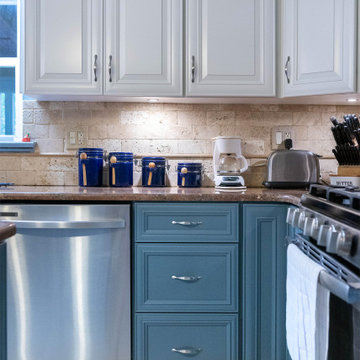 Transitional Kitchen with Two-Tone White and Blue Cabinets in Adelphia, MD