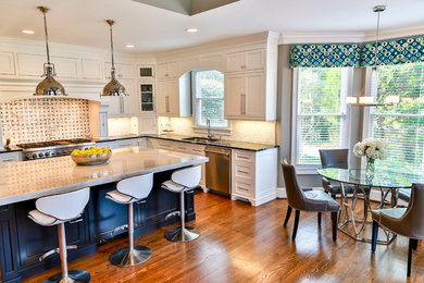 Inspiration for a large transitional u-shaped medium tone wood floor eat-in kitchen remodel in Other with a double-bowl sink, beaded inset cabinets, white cabinets, quartzite countertops, white backsplash, mosaic tile backsplash, stainless steel appliances and an island